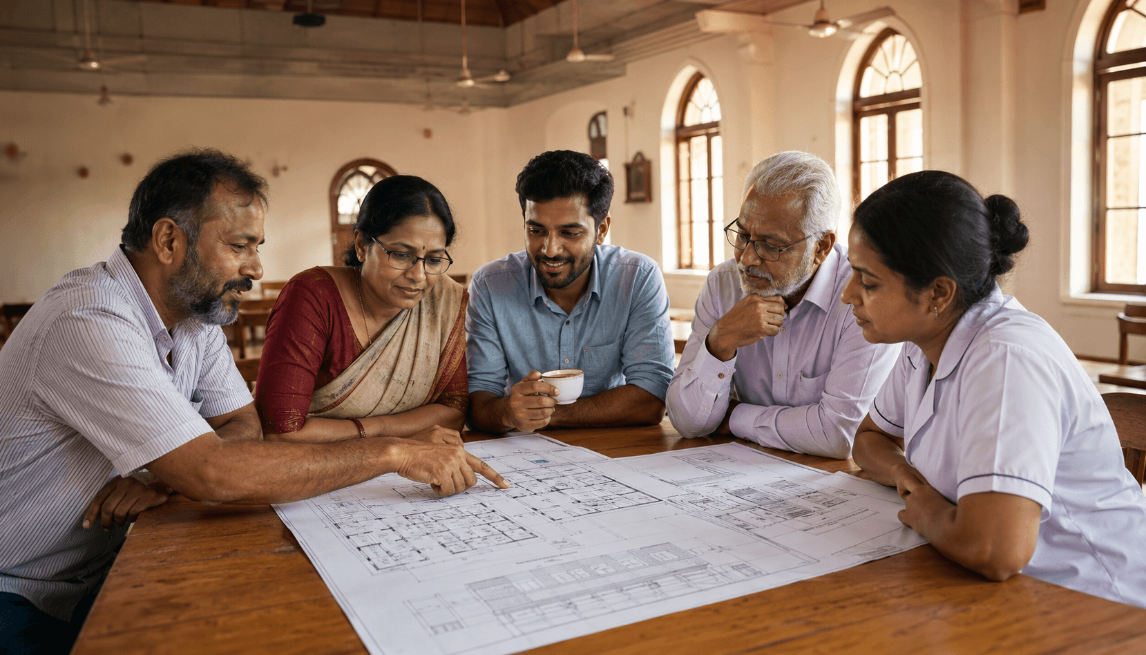 Planning blueprints and campus drawings for the hospital